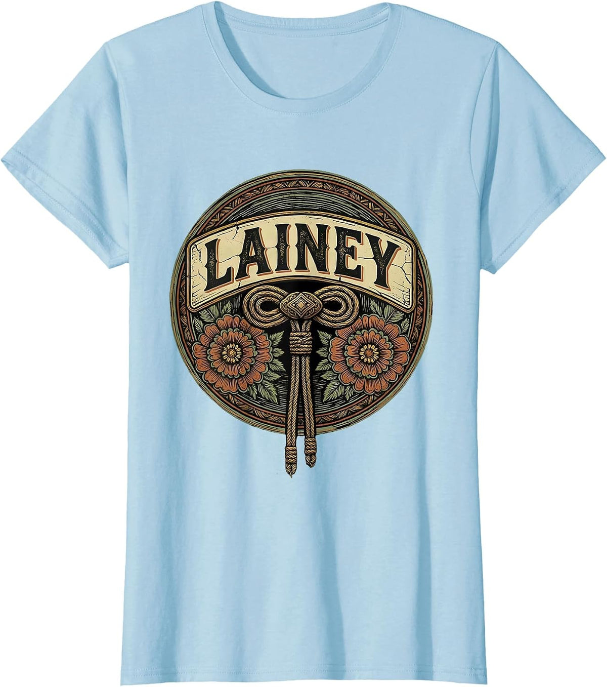 Women's Lainey Boho Folk Floral Western Cowgirl Name Personalized T-Shirt - Baby Blue