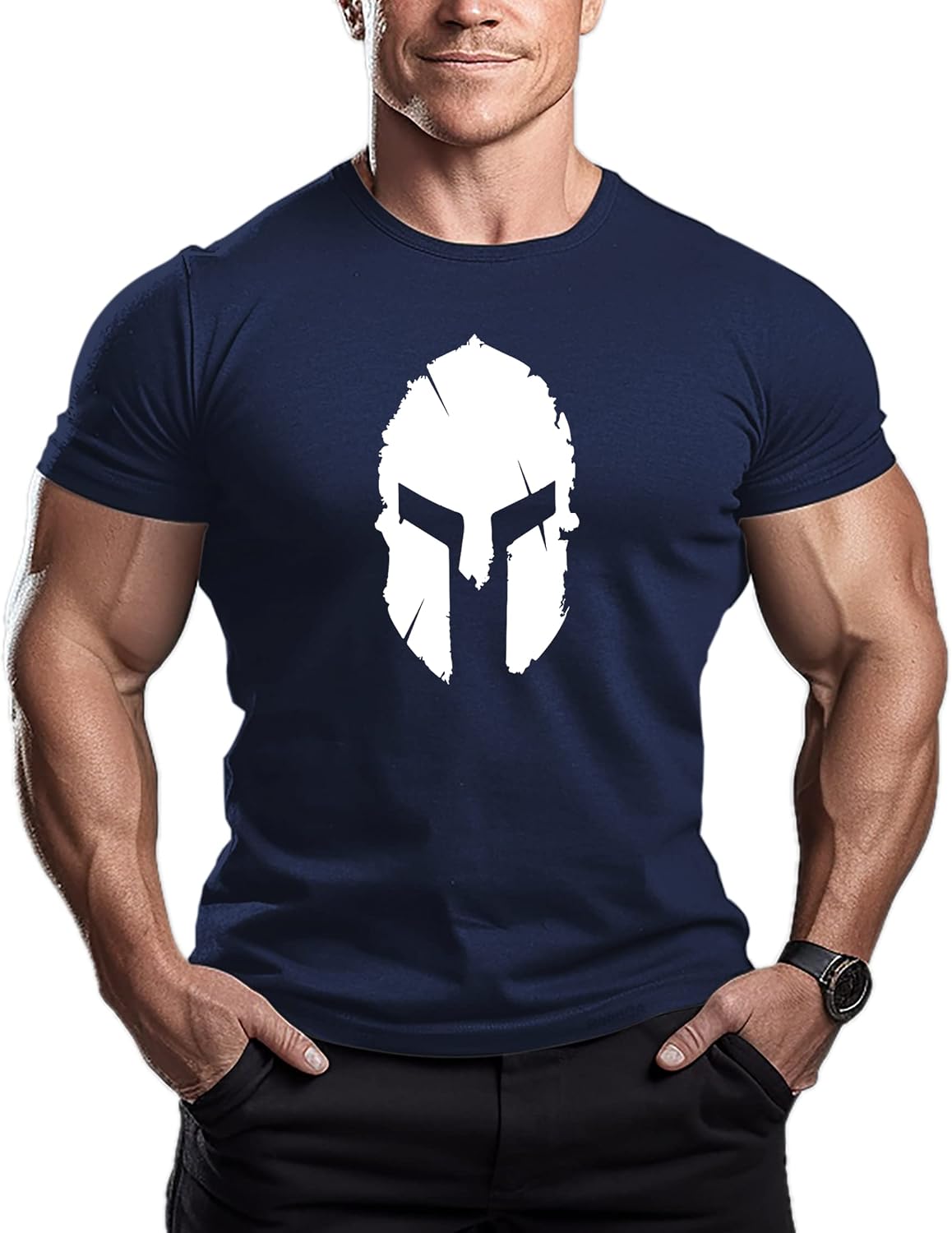 ReedCA Spartan Helmet - Mens Bodybuilding T-Shirt - Gym Training Top Fitness - Navy