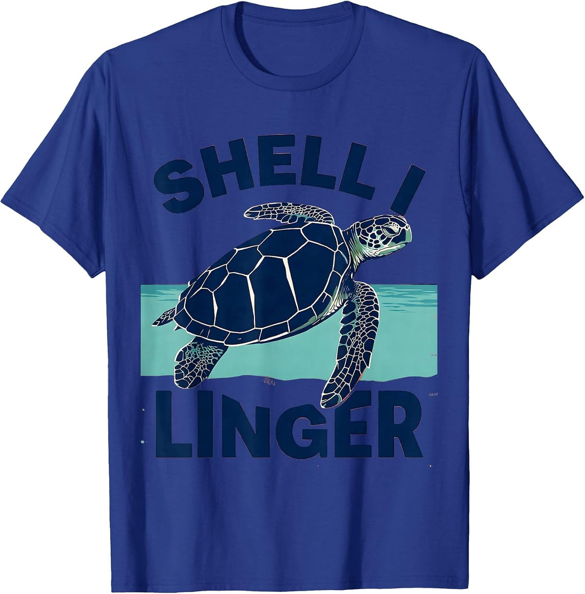 Shell I Linger Screenprint Sea Turtle Beach Souvenir T-Shirt - Royal Blue