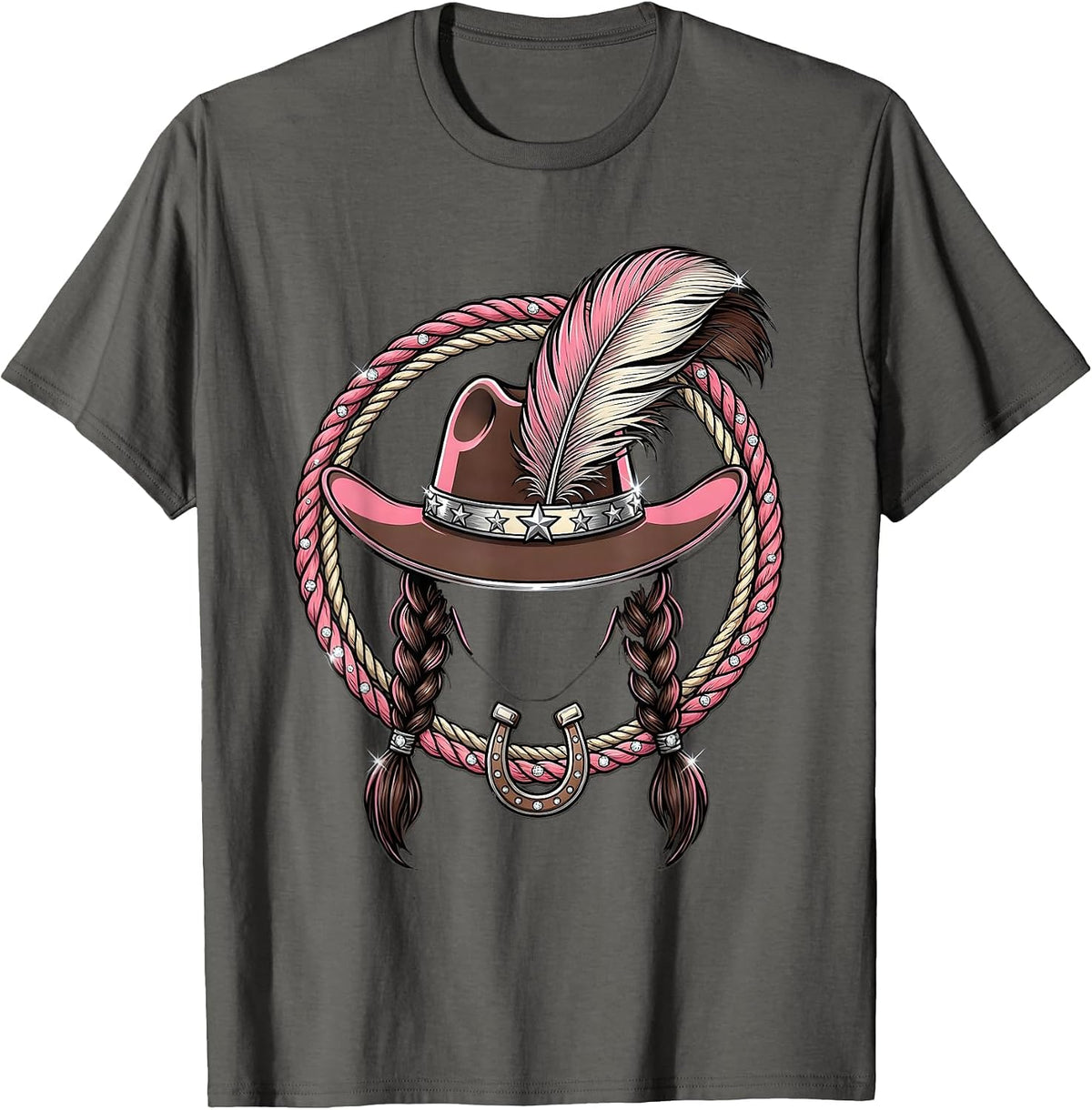 Braided Cowboy Feathered Hat Western Illustration T-Shirt - Asphalt Grey
