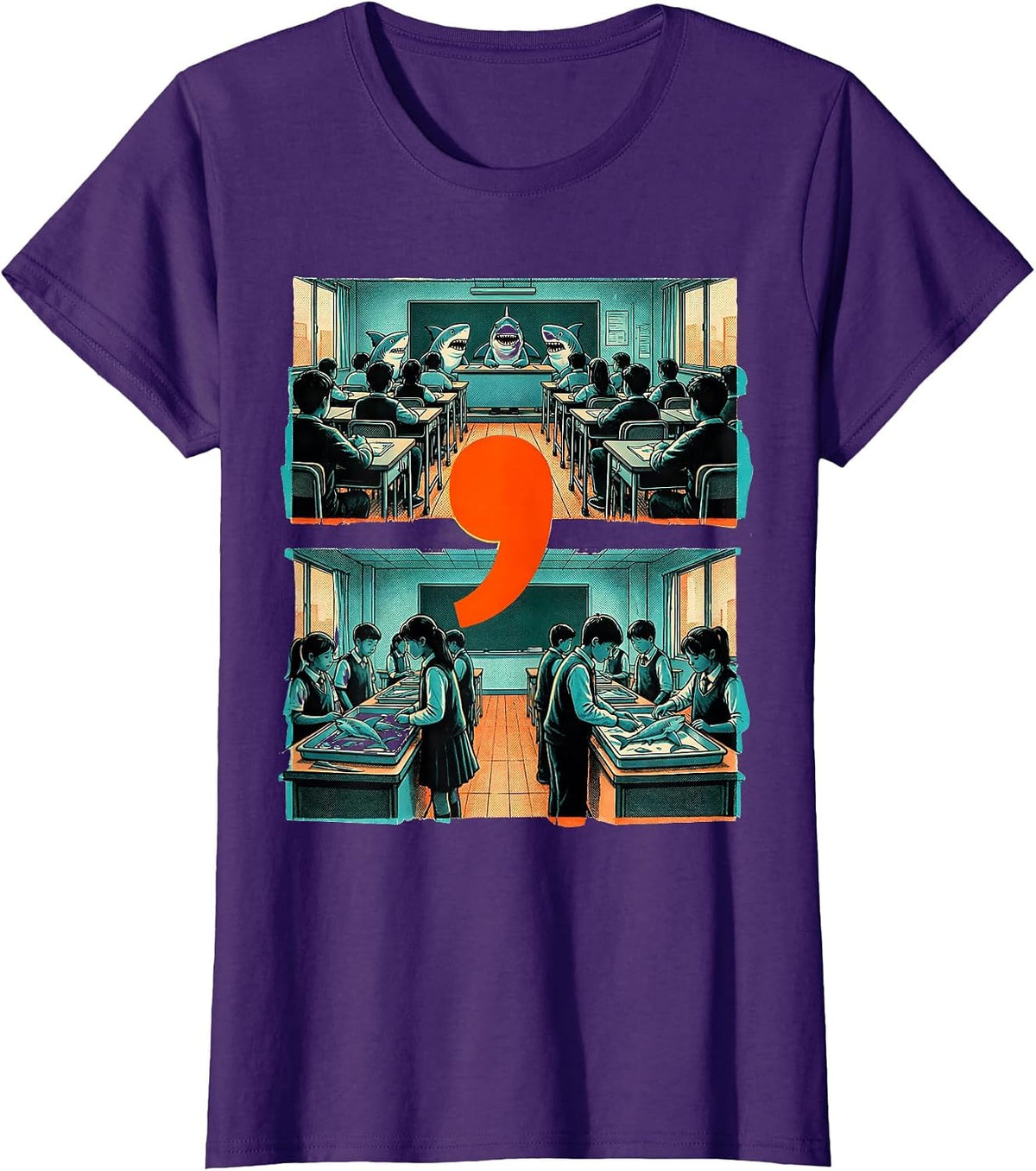 Women's Shark Register Punctuation Humor Grammar Teacher Gift T-Shirt - Purple