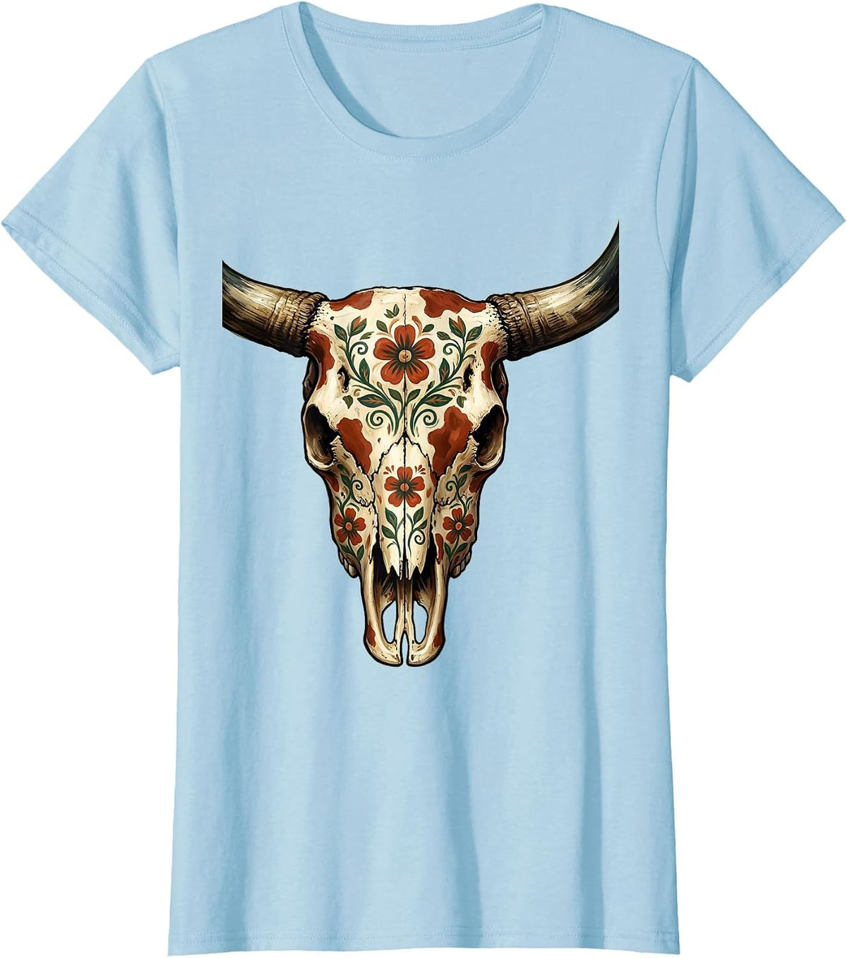 Longhorn Skull Floral Cow Print Boho Western T-Shirt - Baby Blue