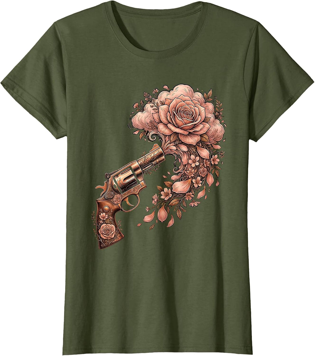 Women's Floral Revolver Western Wildflower Gun Design T-Shirt - Olive Green