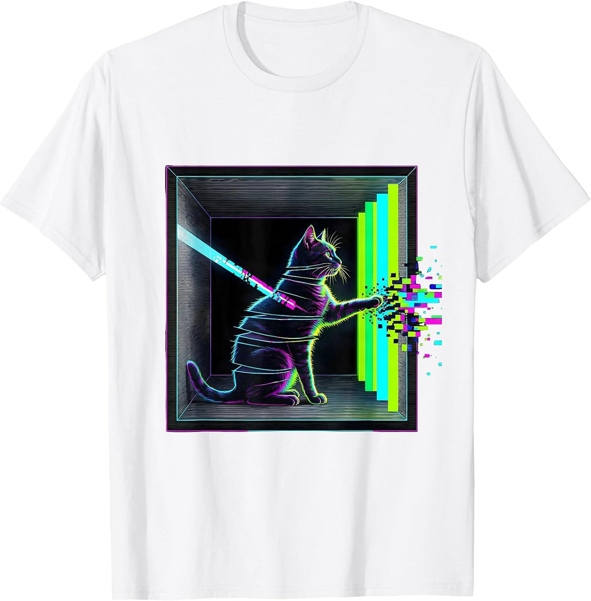 Men's Schrödinger Cat Glitch Humor Science Enthusiast T-Shirt - White