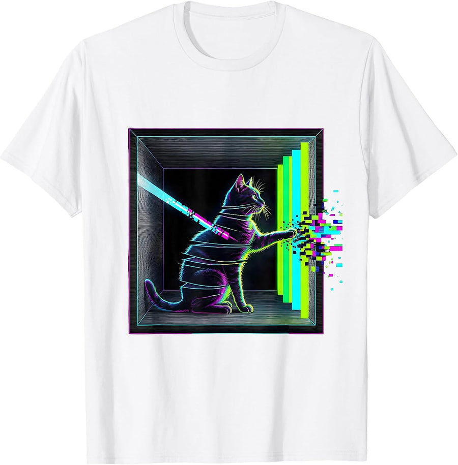 Men's Schrödinger Cat Glitch Humor Science Enthusiast T-Shirt - White