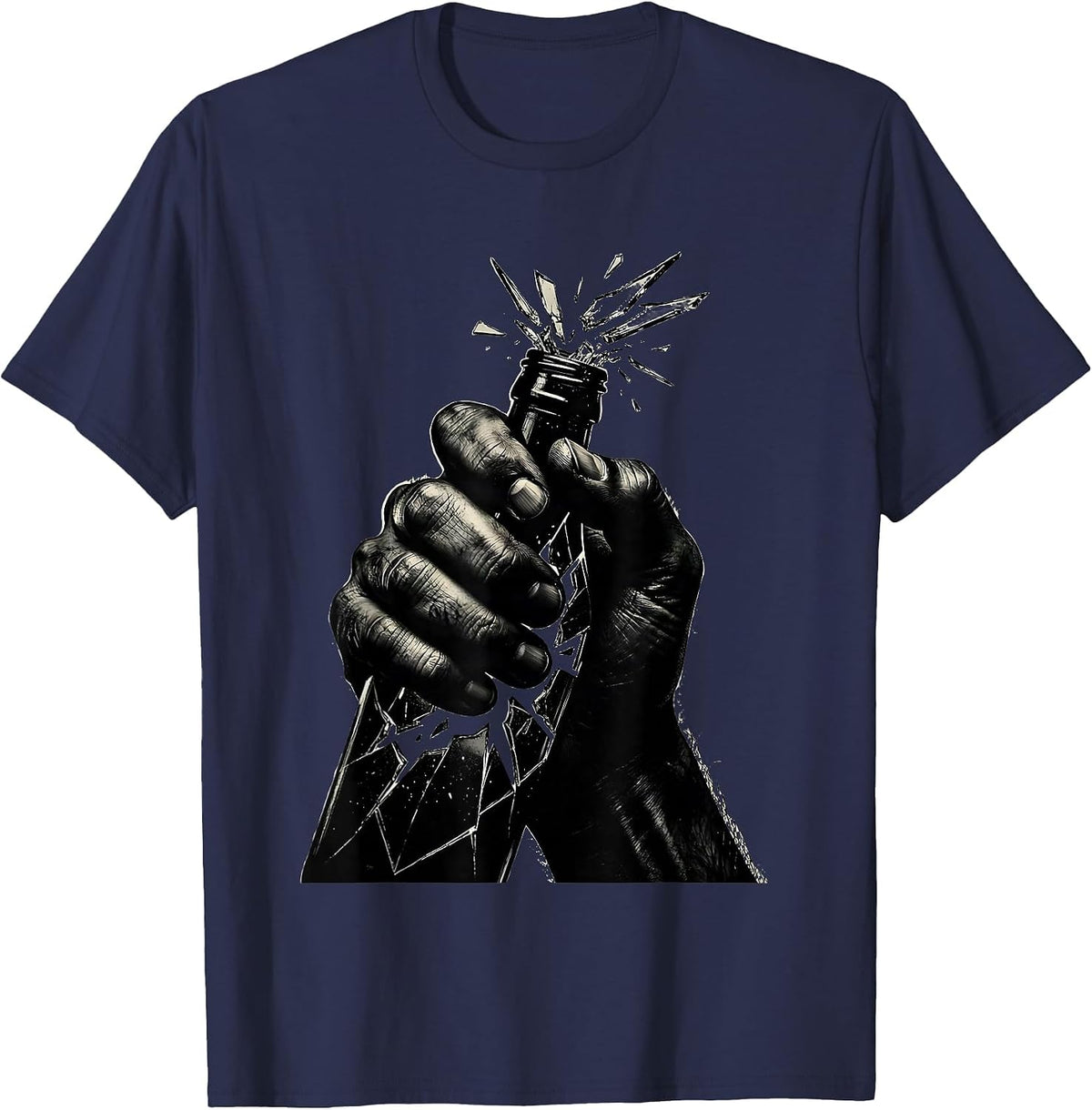 Weathered Grip Broken Bottle Grunge Illustration T-Shirt - Navy Blue