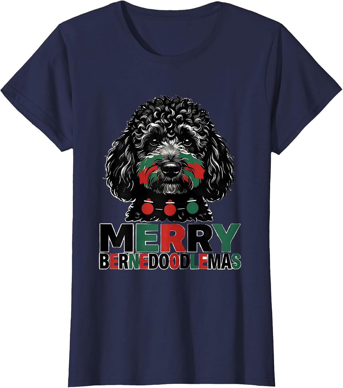 Women's Merry Bernedoodlemas Funny Christmas Dog Breed Humor T-Shirt - Navy Blue