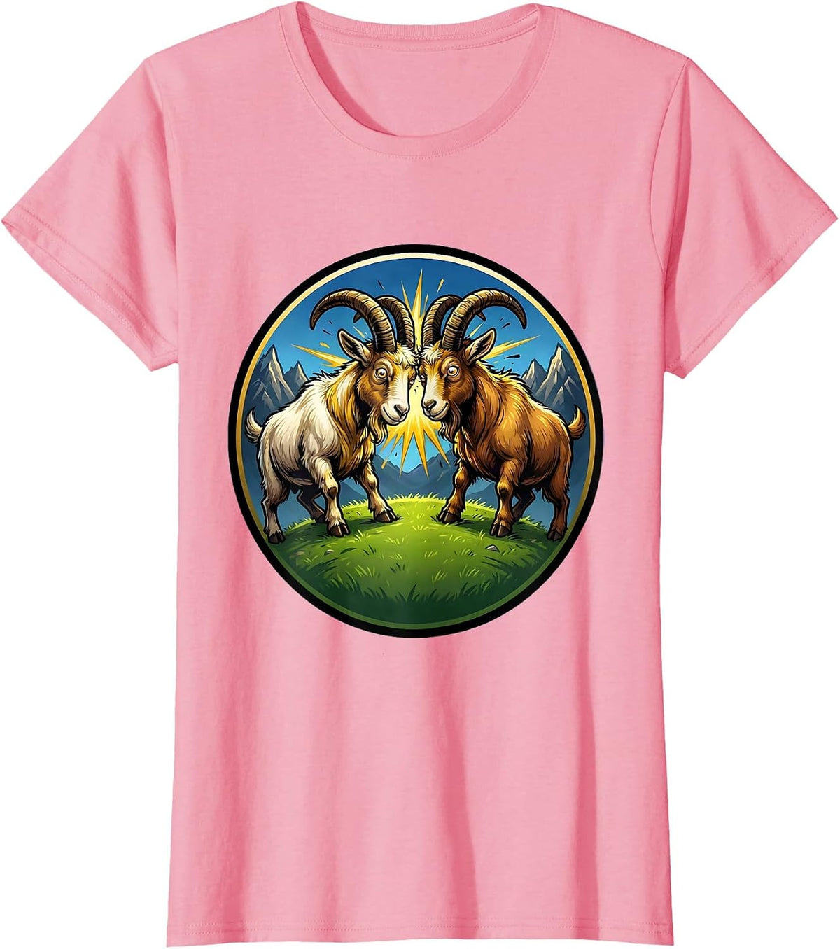 Women's Dueling Goats Locking Horns on a Hilltop T-Shirt - Pink