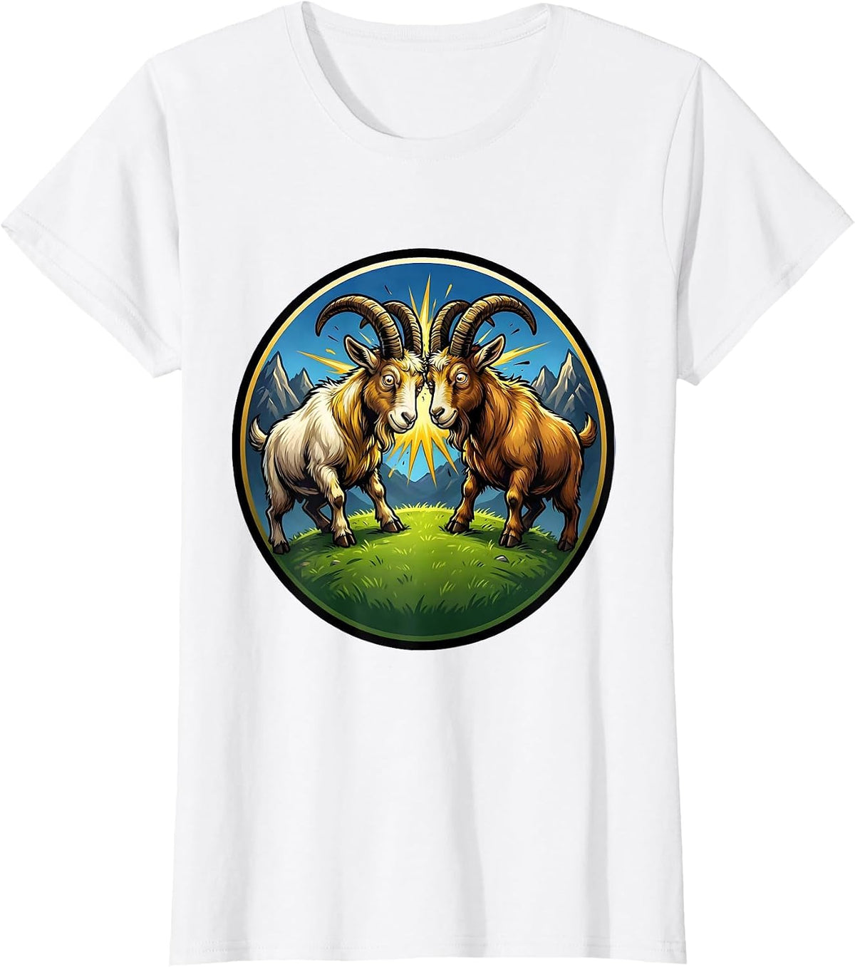 Women's Dueling Goats Locking Horns on a Hilltop T-Shirt - White