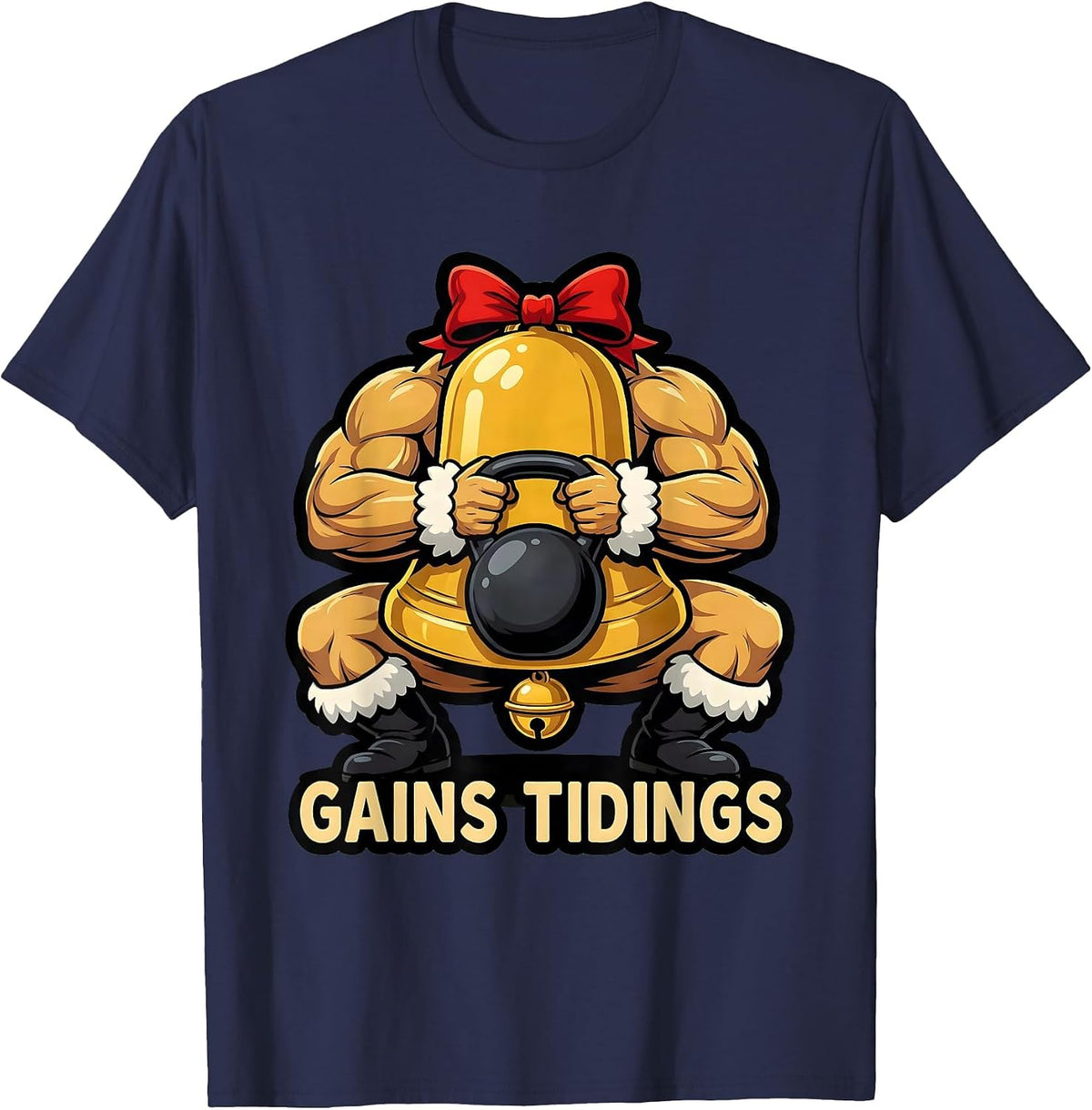 Gains Tidings Bold Cartoon Fitness Christmas Gym Workout T-Shirt - Navy Blue