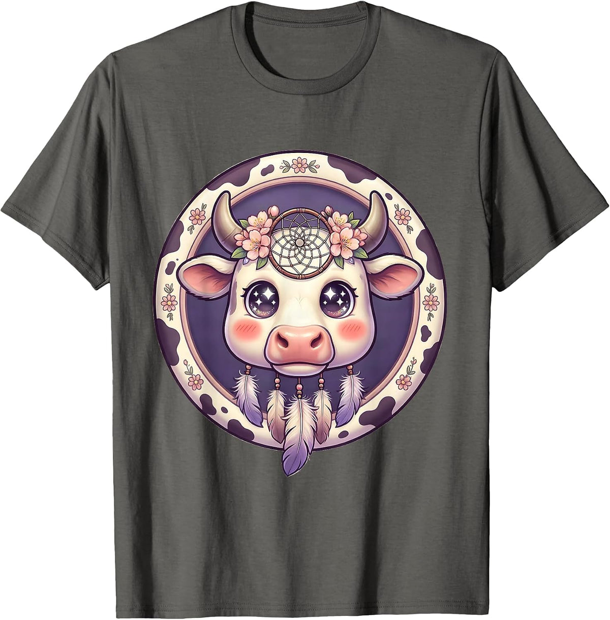 Cow Skull Dreamcatcher Feathers Boho Western Design T-Shirt - Asphalt Grey