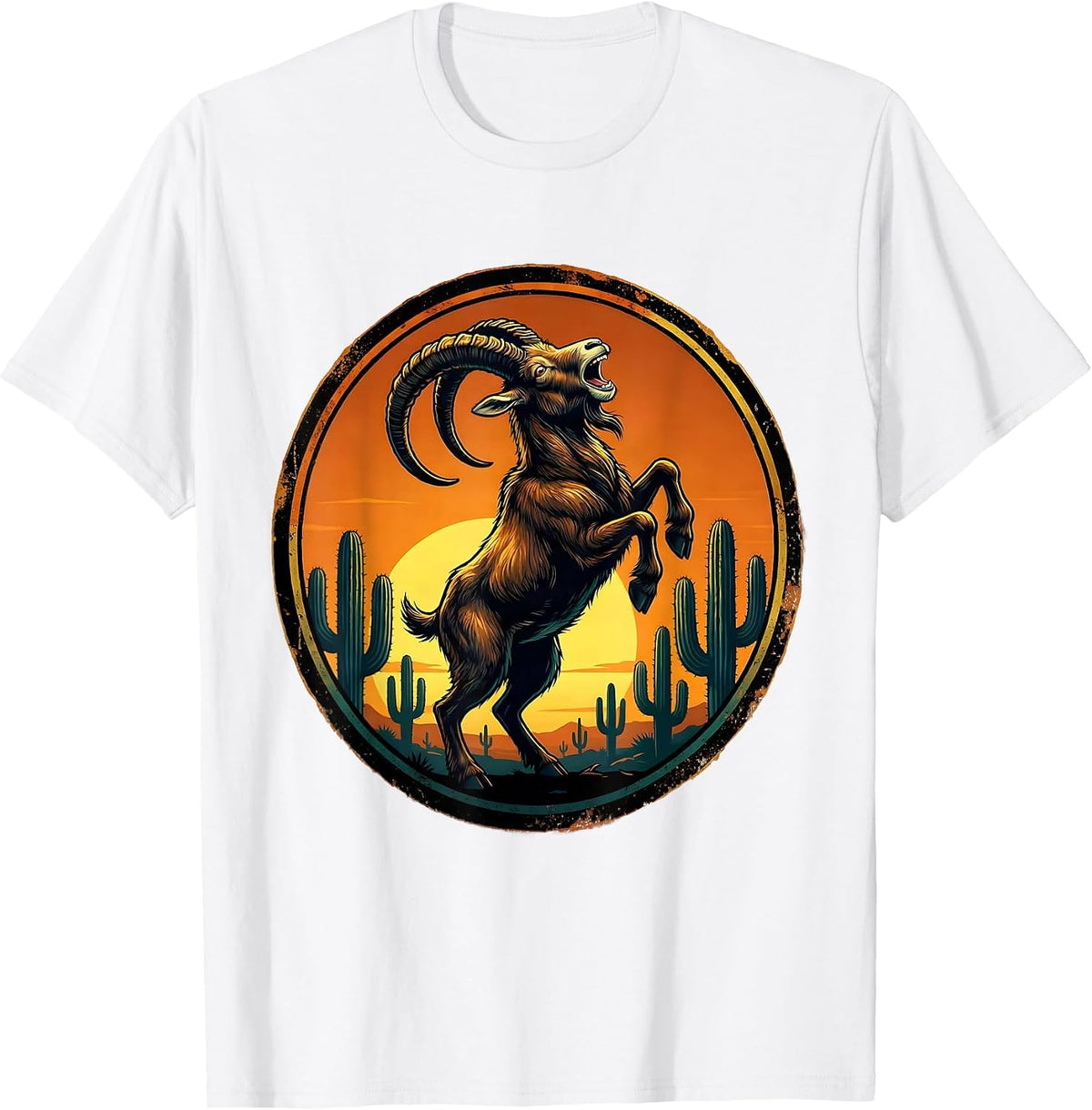 Men's Wild Goat Howling at Desert Sunset Sky T-Shirt - White