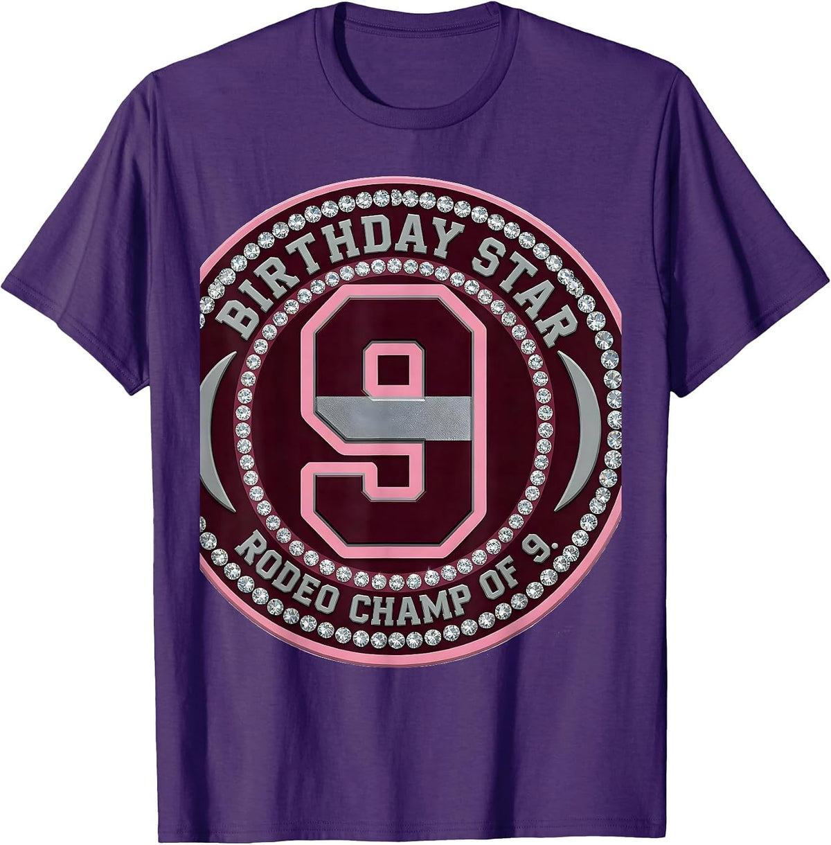 Birthday Star Rodeo Champ of 9 Sparkle Varsity Disco Cowgirl T-Shirt - Purple