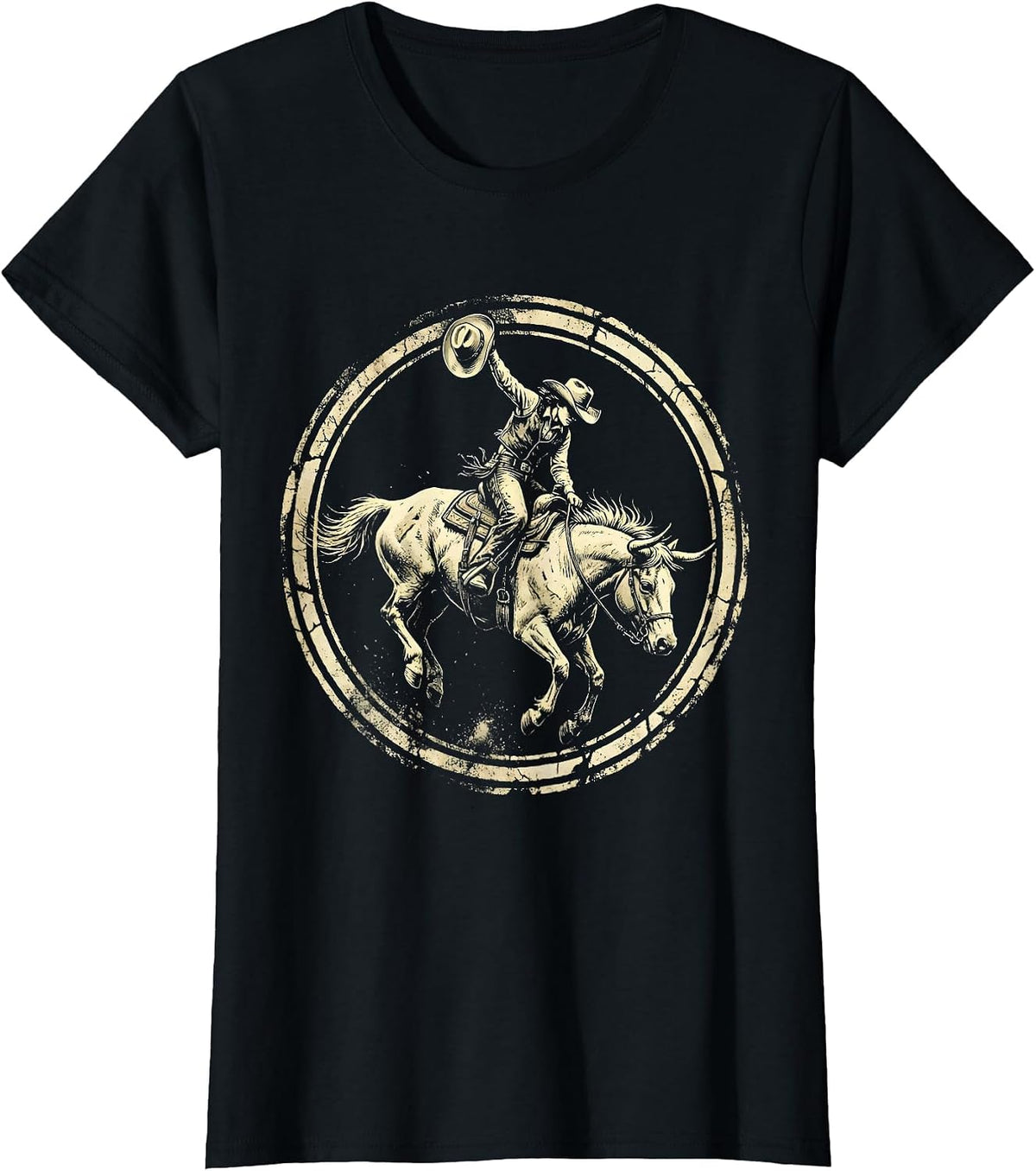 Cowgirl Bucking Bronco Rodeo Graphic Design T-Shirt - Black