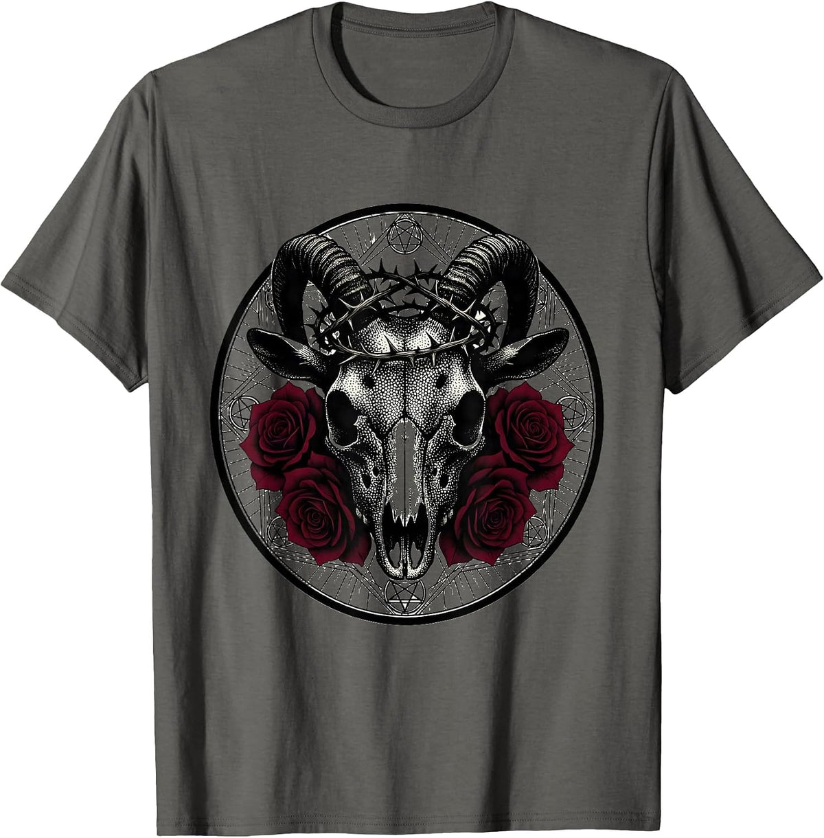 Goat Skull Crowned With Thorns and Roses Graphic T-Shirt - Asphalt Grey
