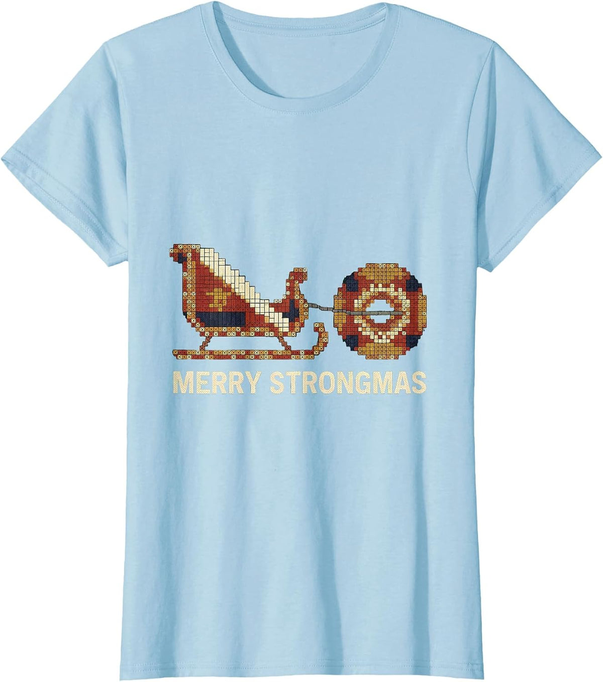 Merry Strongmas Cross Stitch Sampler Funny Christmas Gym T-Shirt - Baby Blue