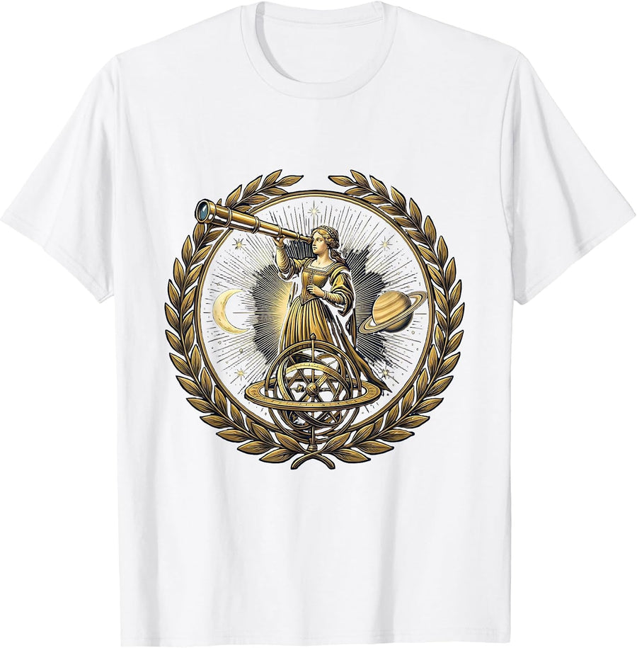 Men's Renaissance Woman Astronomer Brass Telescope Art T-Shirt - White