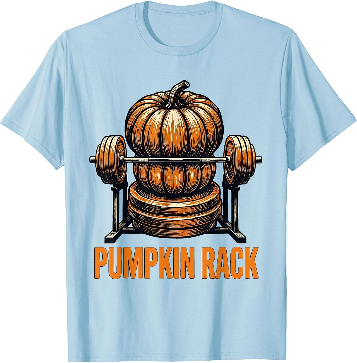 Men's Pumpkin Rack Linocut Funny Halloween Gym Workout Lifting Pun T-Shirt - Baby Blue