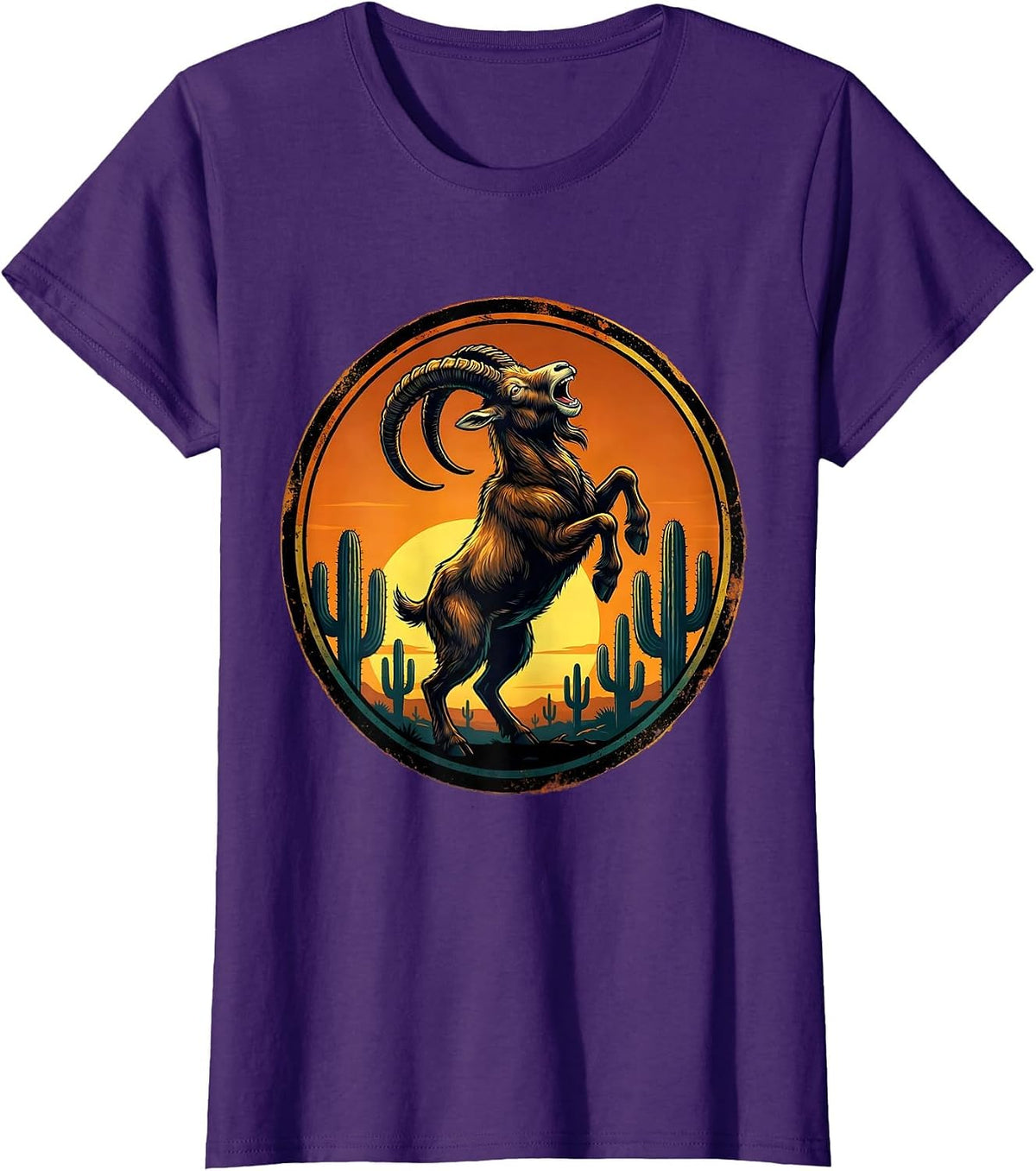 Women's Wild Goat Howling at Desert Sunset Sky T-Shirt - Purple