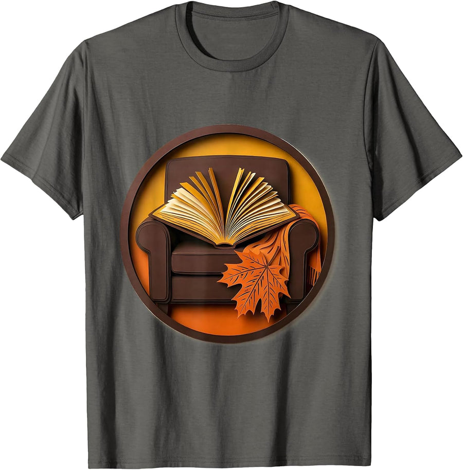Book in Armchair Cozy Fall Bookworm Autumn Reading T-Shirt - Asphalt Grey