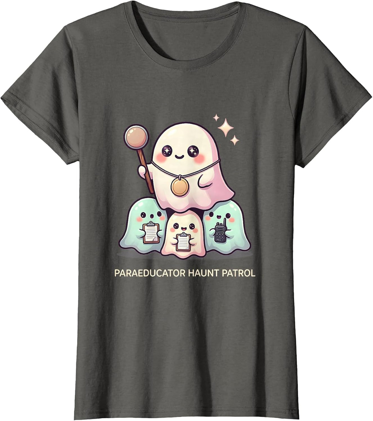 Women's Paraeducator Haunt Patrol Cute Kawaii Ghost Paraeducator T-Shirt - Asphalt Grey