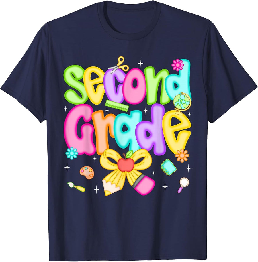 Preppy Second Grade Back to School 2nd Grade Teacher Girls T-Shirt - Navy Blue