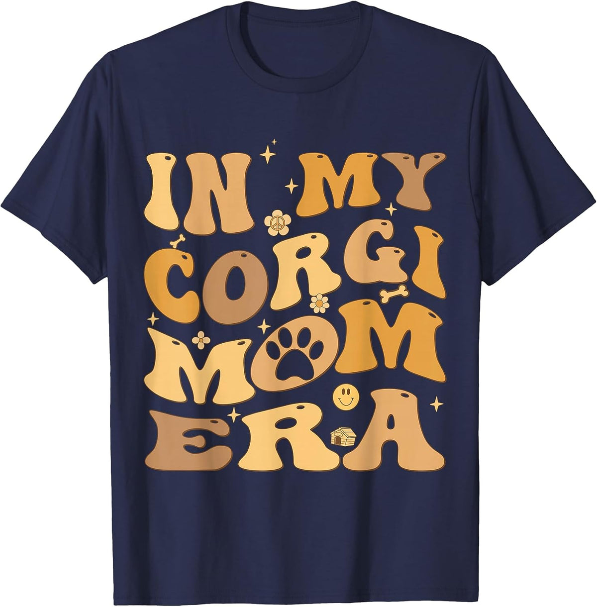 in My Corgi Mom Era Groovy Pembroke Welsh Corgi Dog Owner T-Shirt - Navy Blue