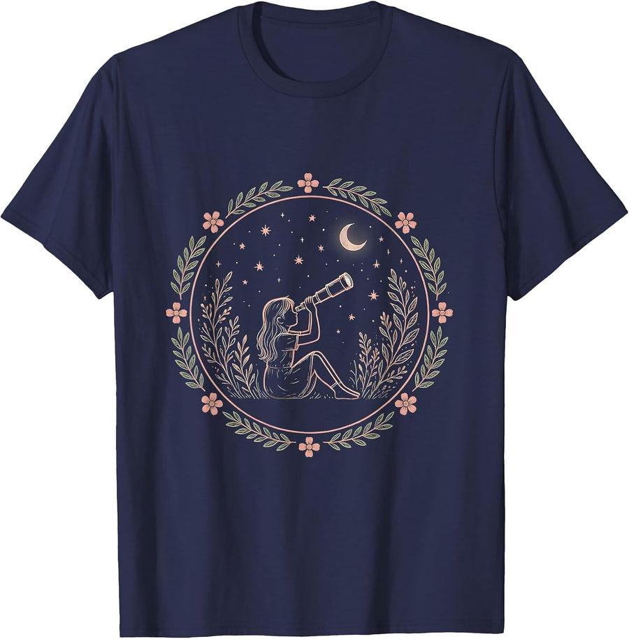 Favorite Daughter Stargazing Telescope Girl Design T-Shirt - Navy Blue
