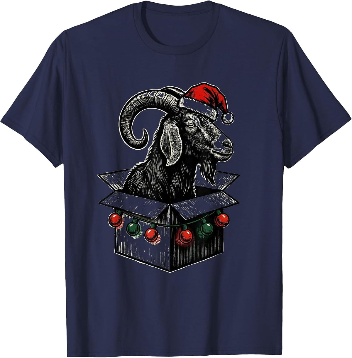 Men's Goat Christmas Lights Linocut Farm Animal Humor T-Shirt - Navy Blue