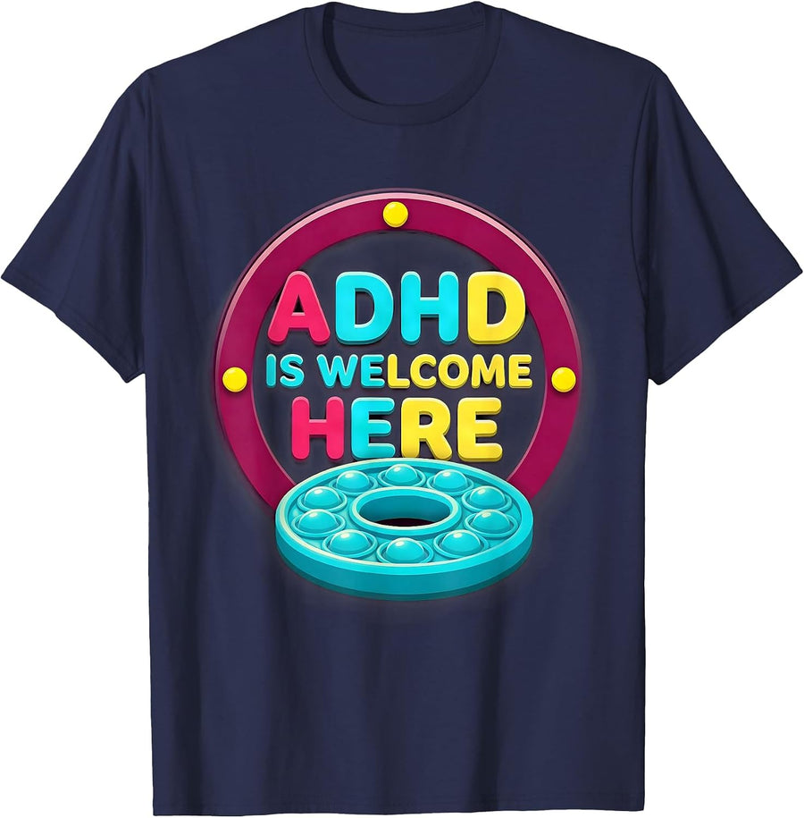 ADHD Is Welcome Here Gummy Jelly Pop Neurodiversity Humor T-Shirt - Navy Blue