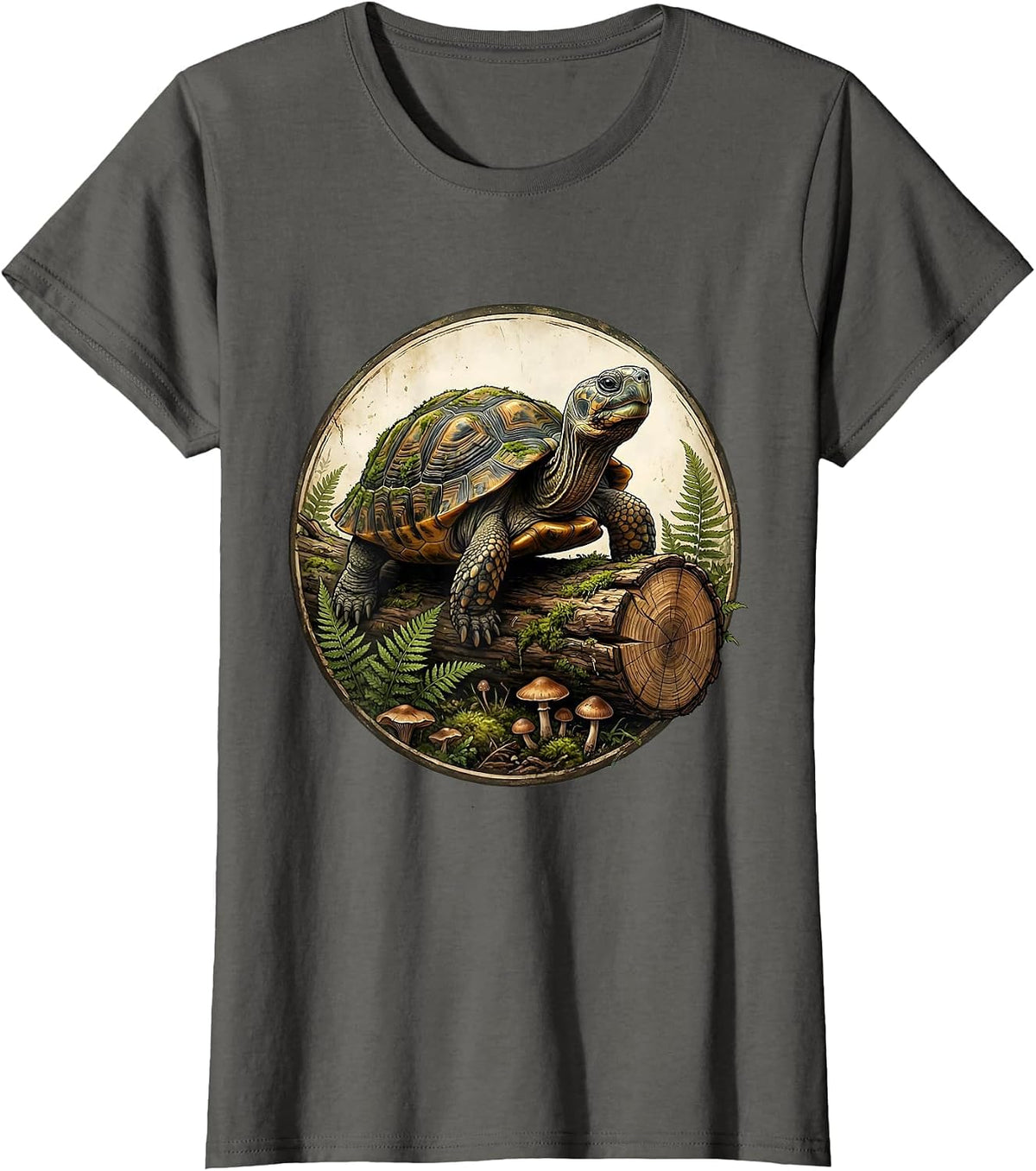 Women's Ancient Turtle Resting on Log Mossy Shell Art T-Shirt - Asphalt Grey