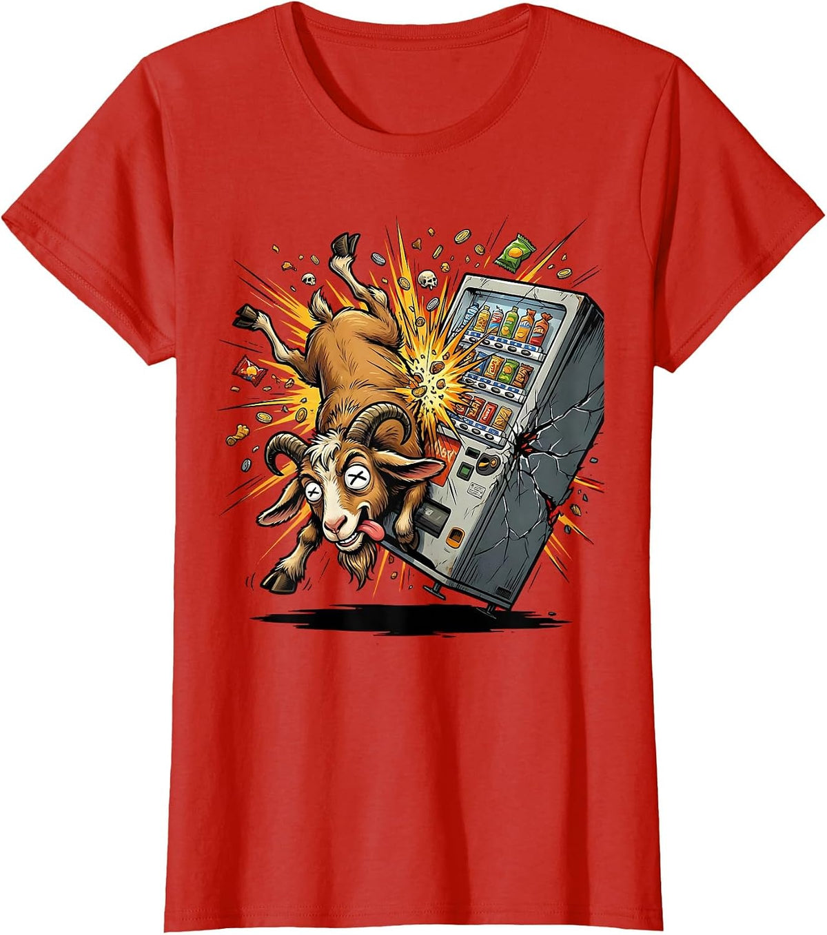 Women's Goat Headbutting Vending Machine Funny Graphic T-Shirt - Red
