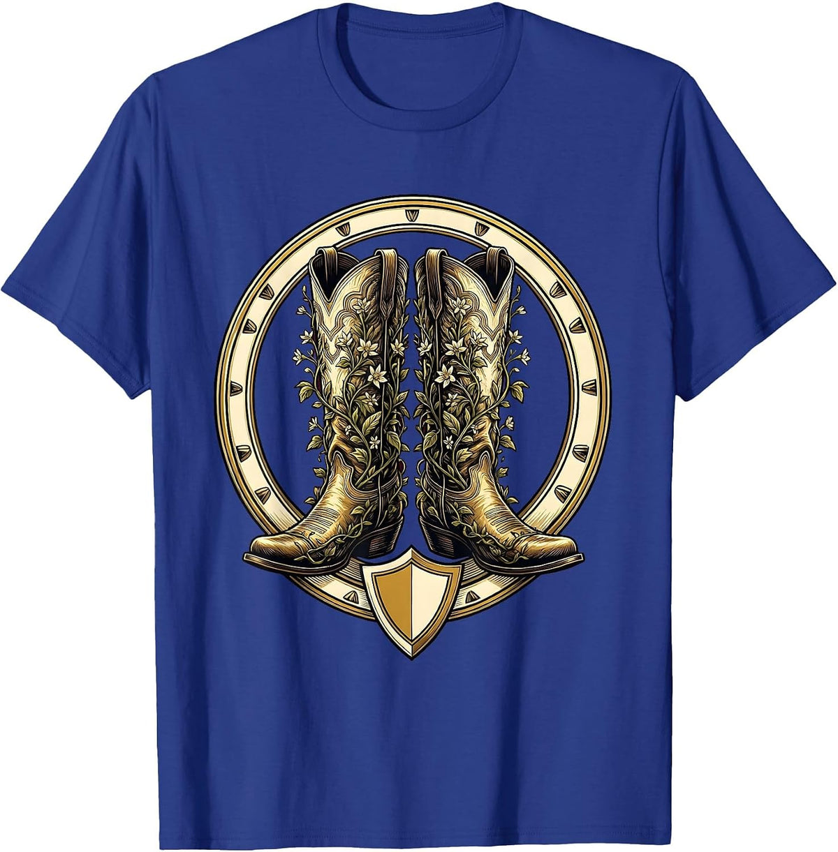 Western Boots Wildflower Vines Boho Floral Design T-Shirt - Royal Blue