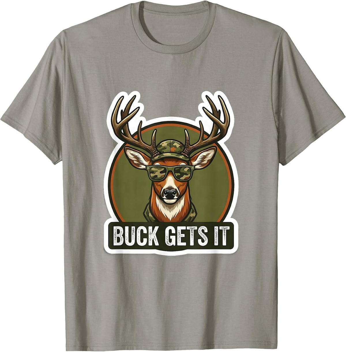 Men's Buck Gets It Funny Deer Hunting Camo Outdoor Humor T-Shirt - Slate Grey