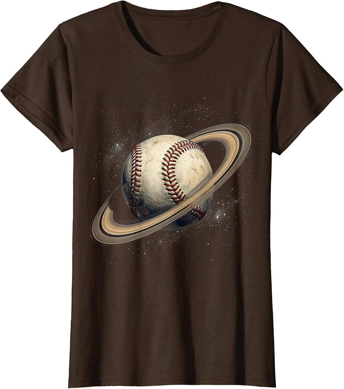 Women's Baseball Seams Saturn Rings Space Graphic T-Shirt - Brown
