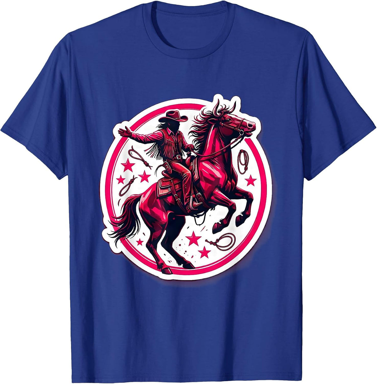 Pink Cowgirl Riding Bucking Bronco Rodeo Design T-Shirt - Royal Blue