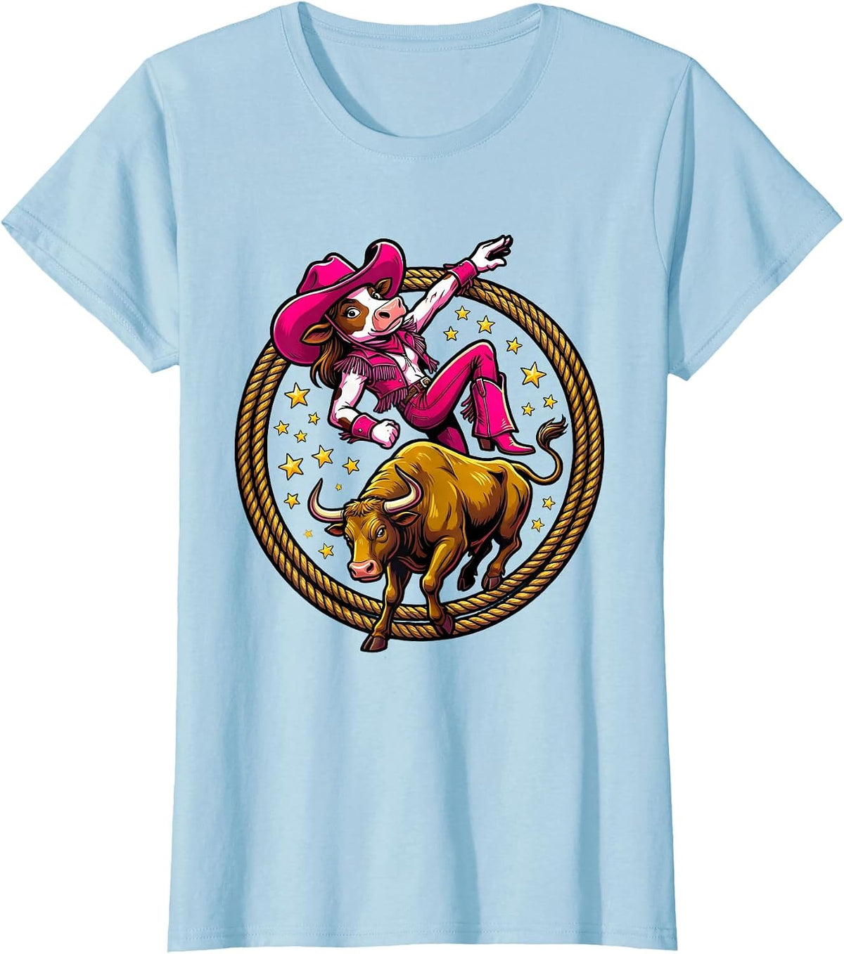 Pink Cowgirl Bull Riding Rodeo Graphic T-Shirt - Baby Blue