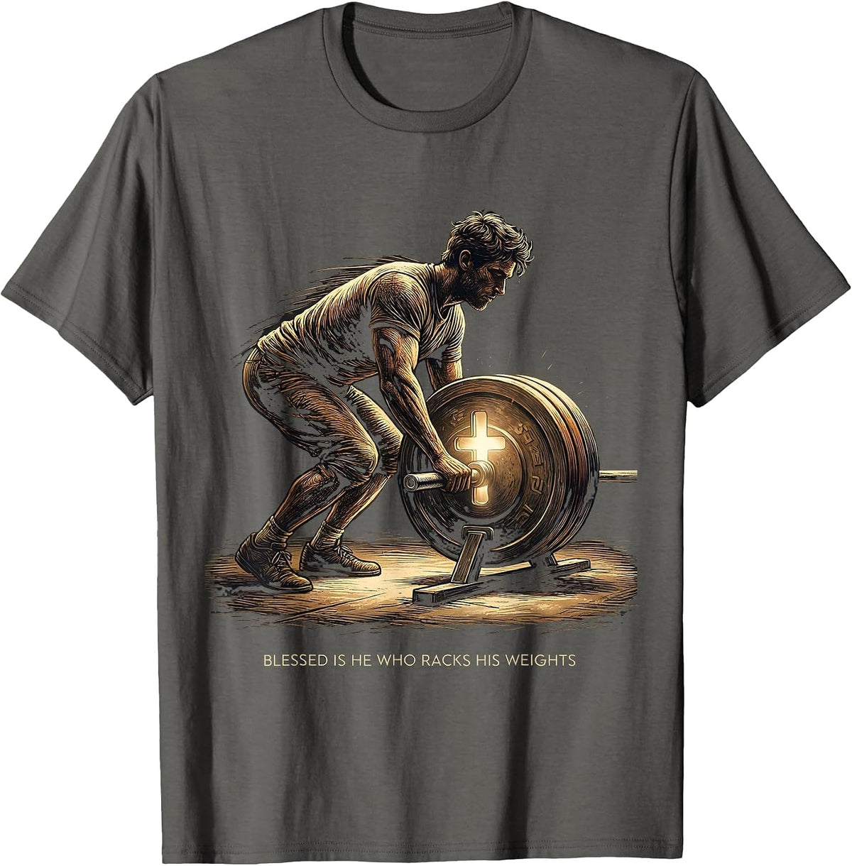 Blessed Is He Who Racks His Weights Funny Christian T-Shirt - Asphalt Grey