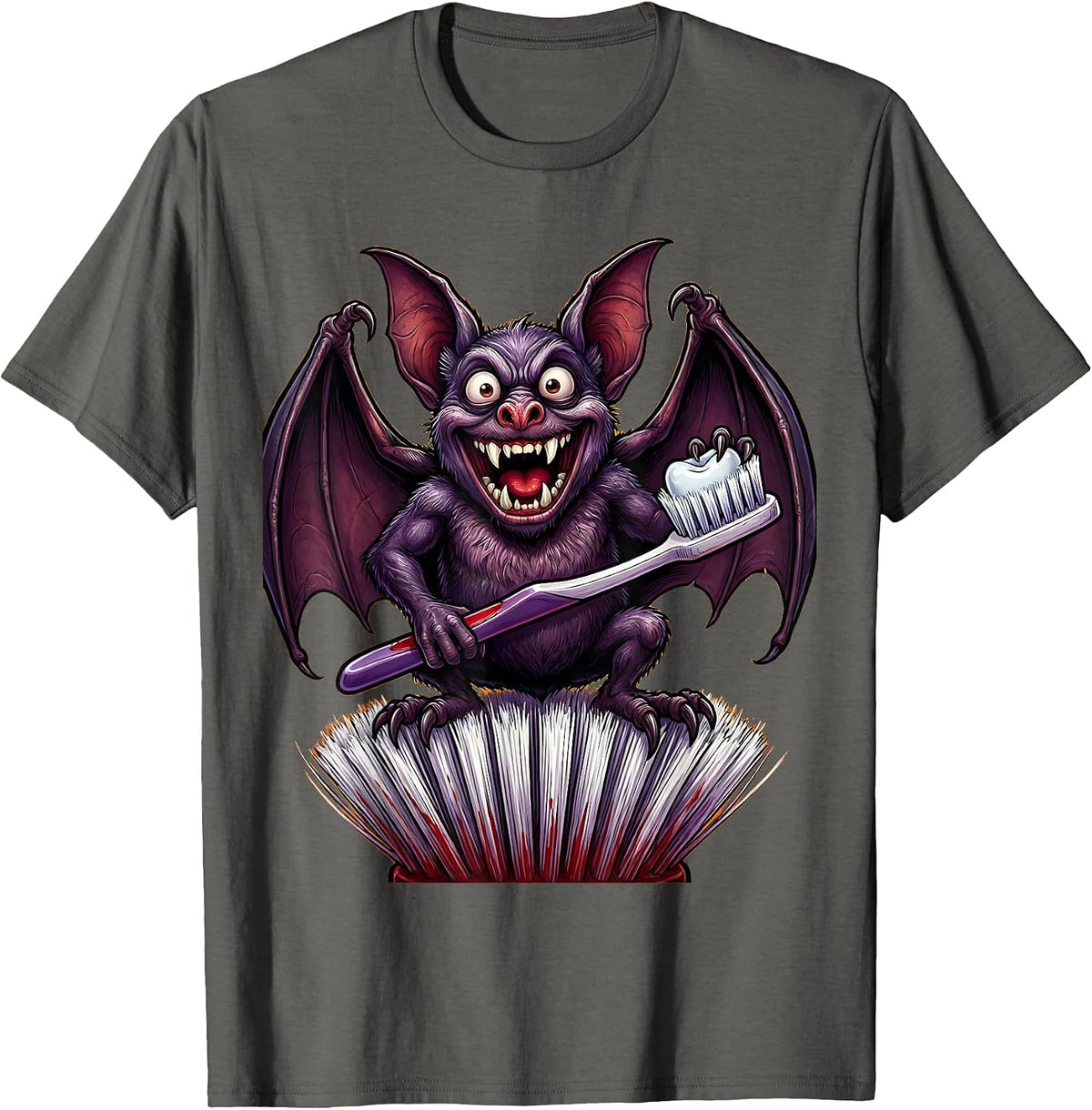 Men's Vampire Bat on Toothbrush Halloween Dental Design T-Shirt - Asphalt Grey