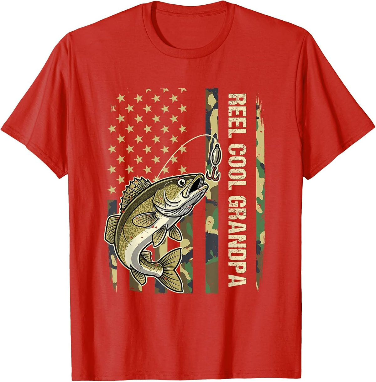 Reel Cool Grandpa Walleye Fishing Camo American Flag T-Shirt - Red