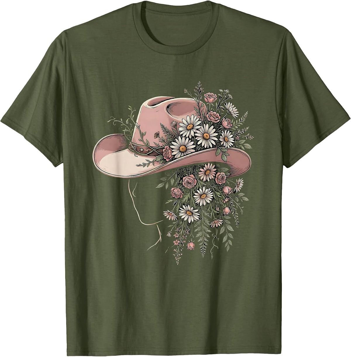 Men's Wildflower Cowboy Hat Western Boho Illustration T-Shirt - Olive Green