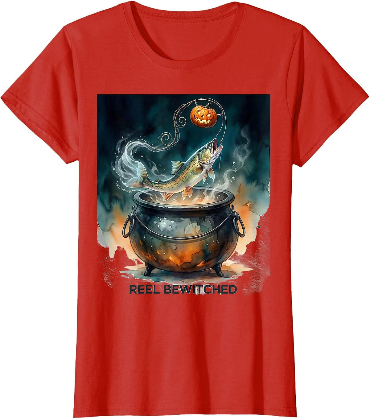 Reel Bewitched Watercolor Halloween Fishing Ghost Trout T-Shirt - Red