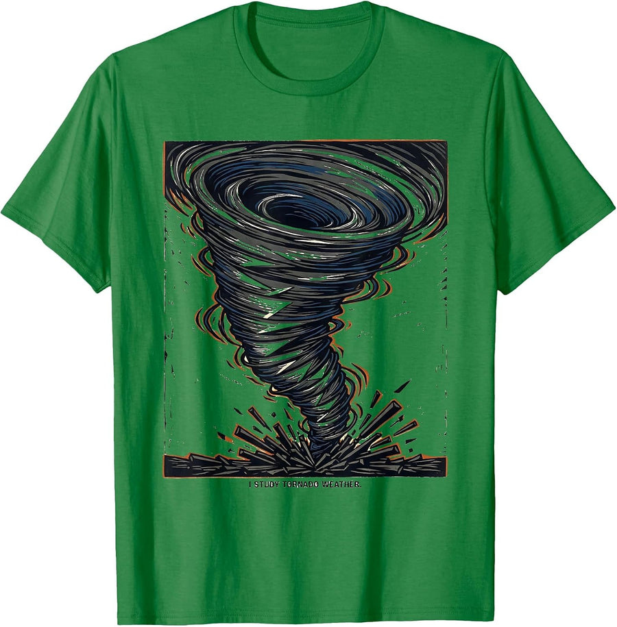 Men's I Study Tornado Weather Linocut Meteorology Enthusiast Storm T-Shirt - Kelly Green