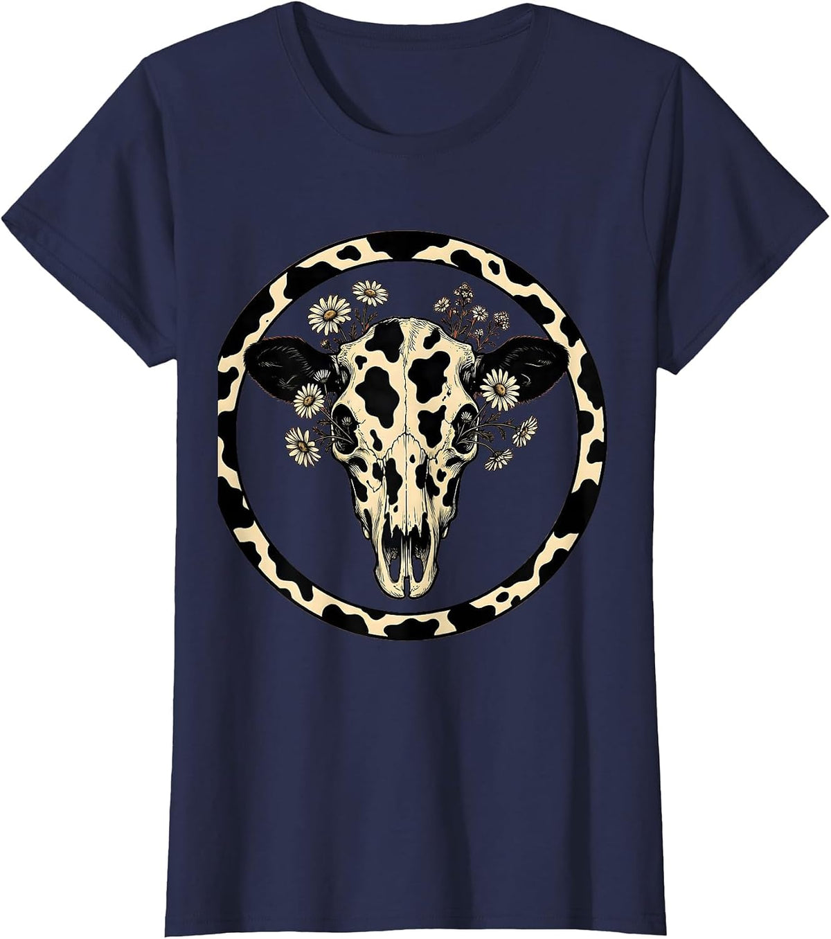 Women's Cow Skull Wildflowers Boho Western Floral Illustration T-Shirt - Navy Blue