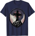 Old Rugged Cross on Rocky Cliff Christian Design T-Shirt - Navy Blue