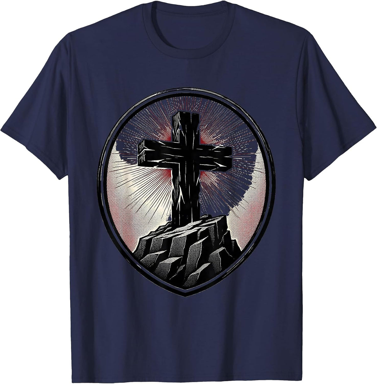 Old Rugged Cross on Rocky Cliff Christian Design T-Shirt - Navy Blue