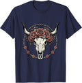 Longhorn Skull Flower Crown Western Cowgirl Graphic T-Shirt - Navy Blue