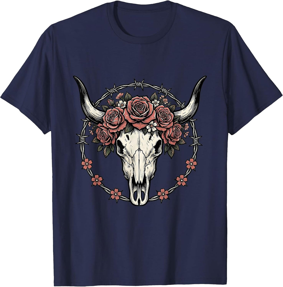 Longhorn Skull Flower Crown Western Cowgirl Graphic T-Shirt - Navy Blue