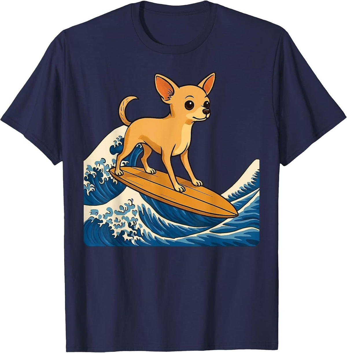 Chihuahua Surfing Japanese Wave T-Shirt - Navy Blue