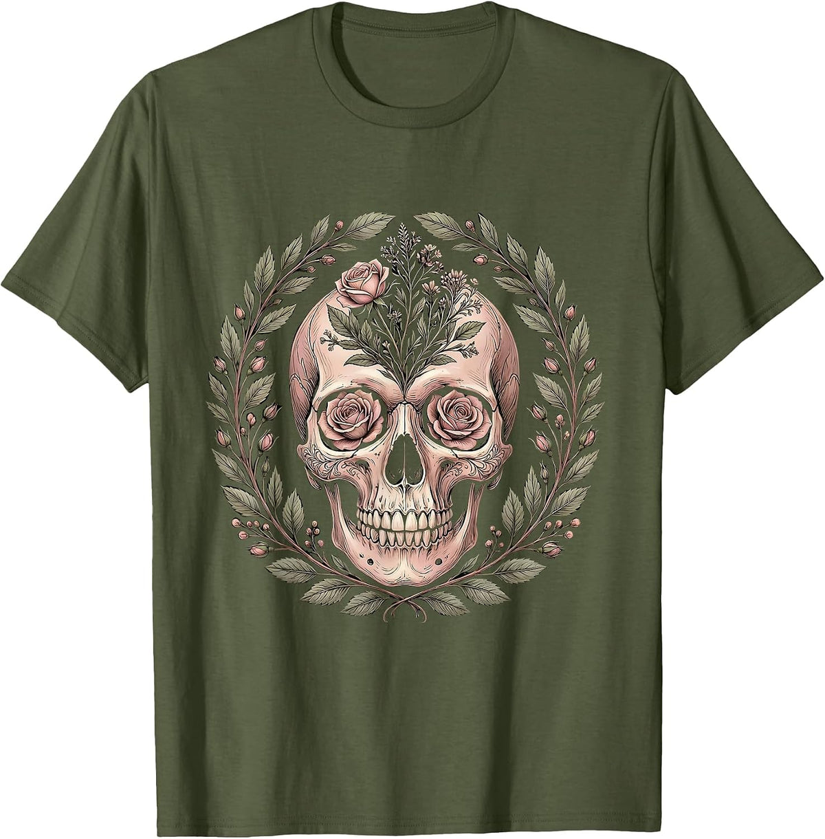 Men's Floral Skull Howdy Western Gothic Design T-Shirt - Olive Green